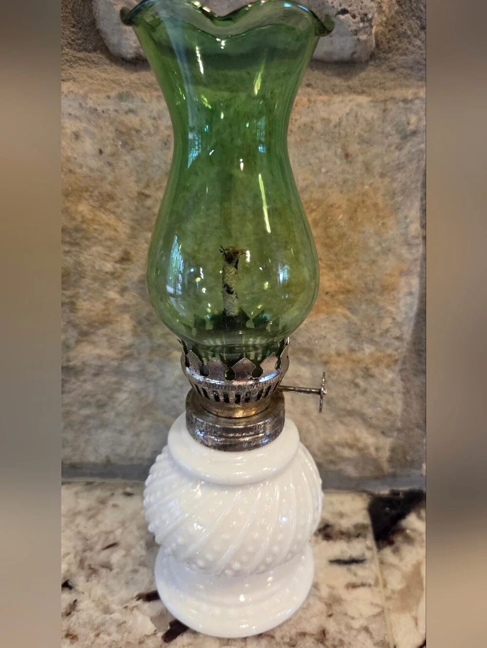Vintage White Hobnail Milk Glass Mini Oil Lamp w/Fluted Green Glass Chimney